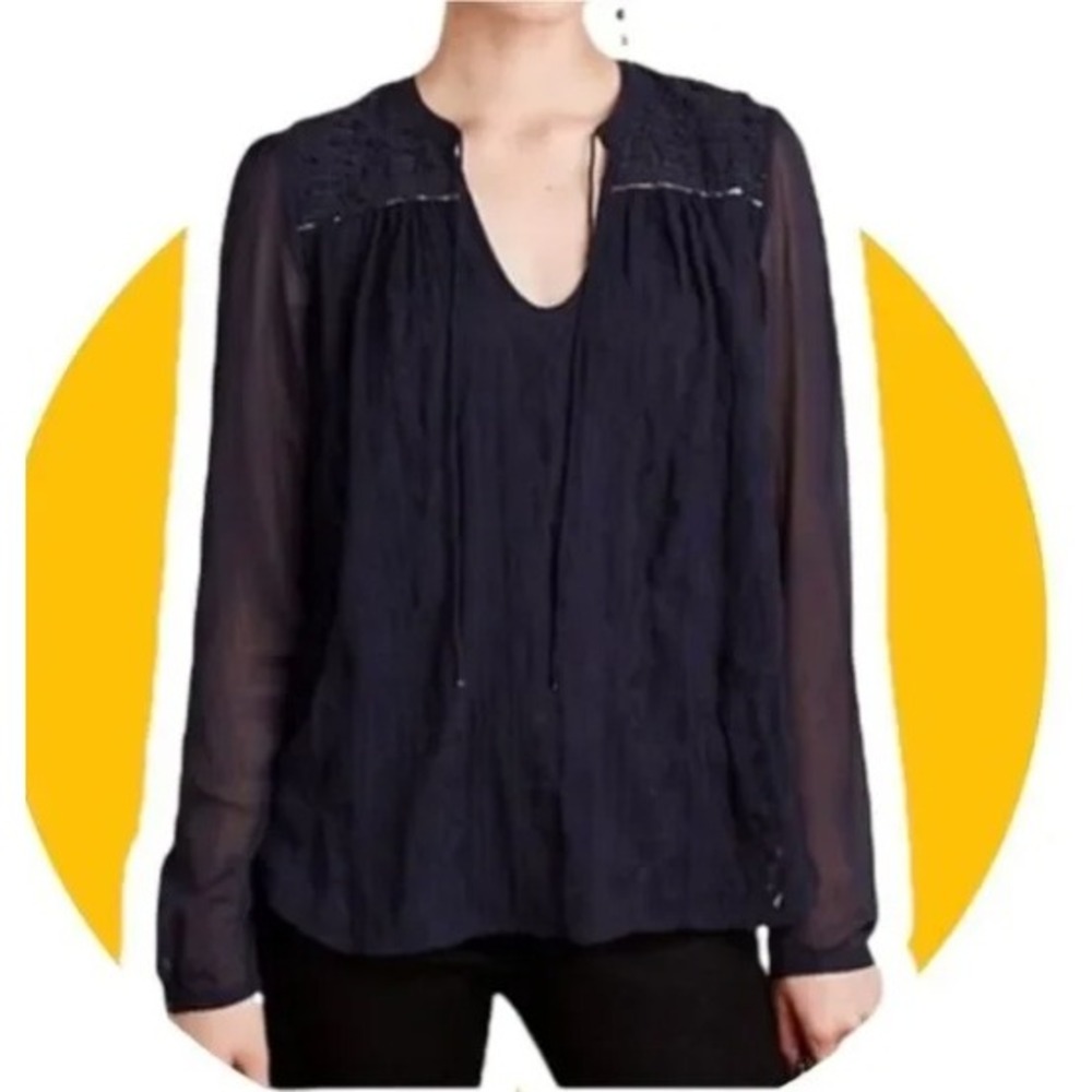 TINY Anthropologie Navy Blue‎ Embroidered Long Sleeve Blouse Top Womens Size M